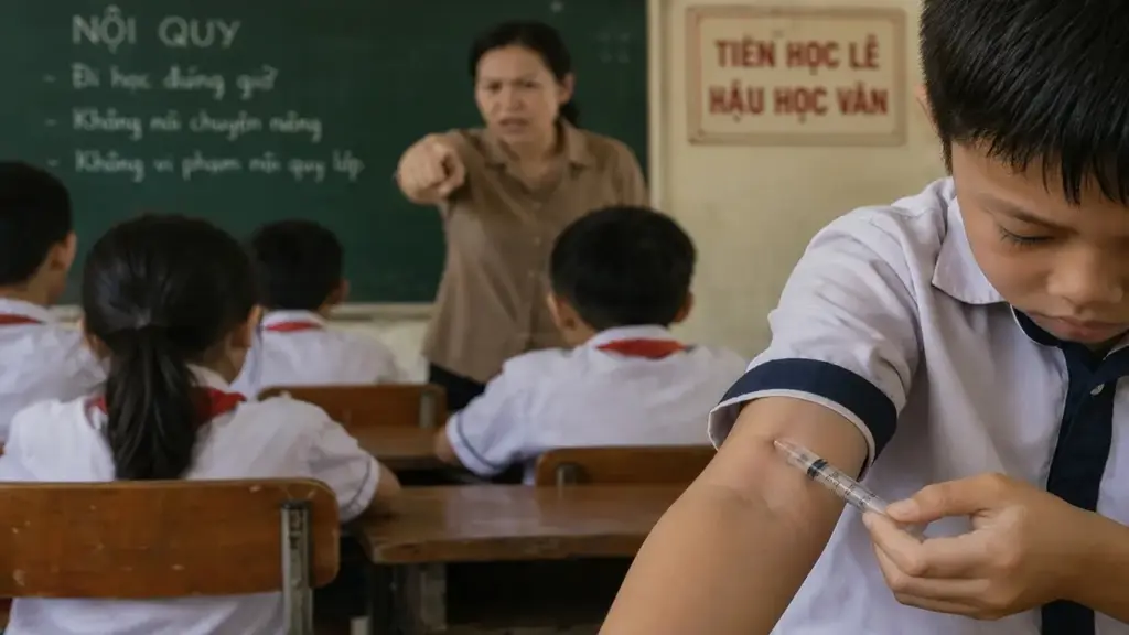 Học sinh bị giáo viên phạt tự chích kim tiêm vào tay